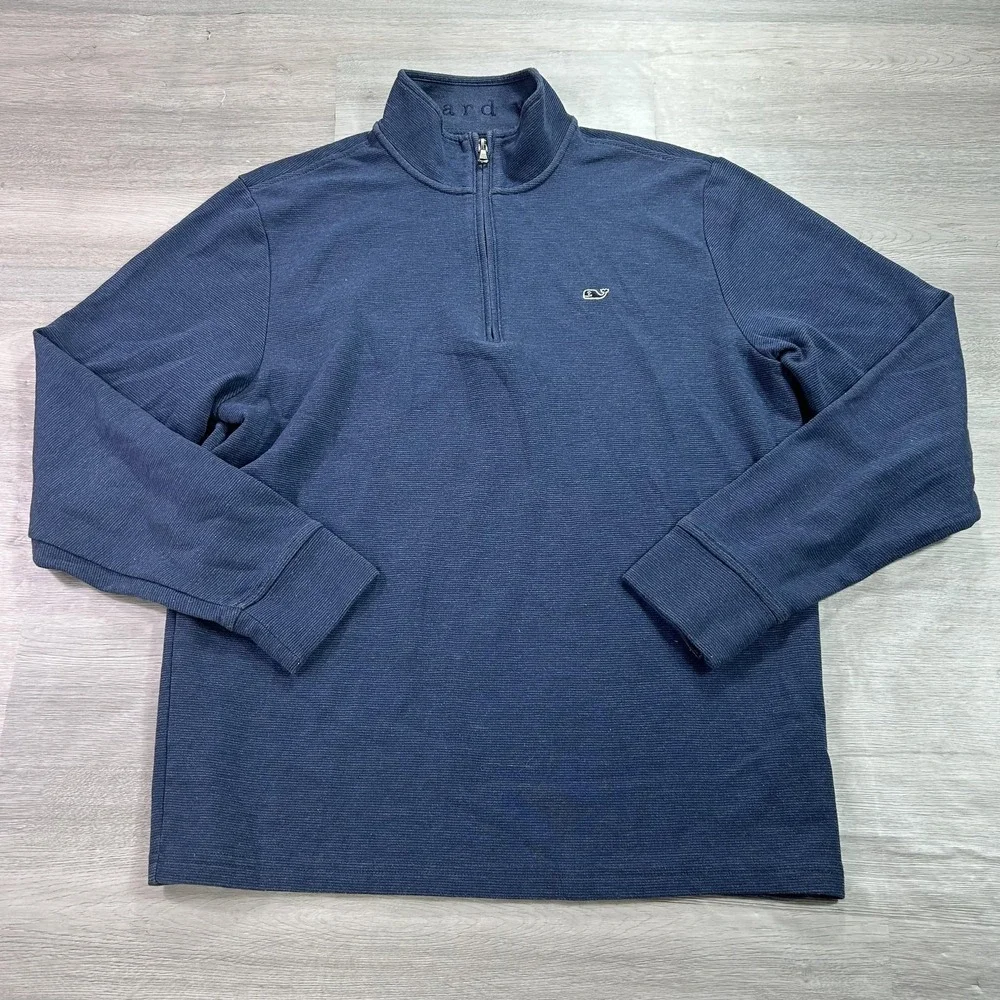 Vineyard Vines Sweater Mens Medium Blue Waffle Knit 1/4 Zip Mock Neck Pullover‎